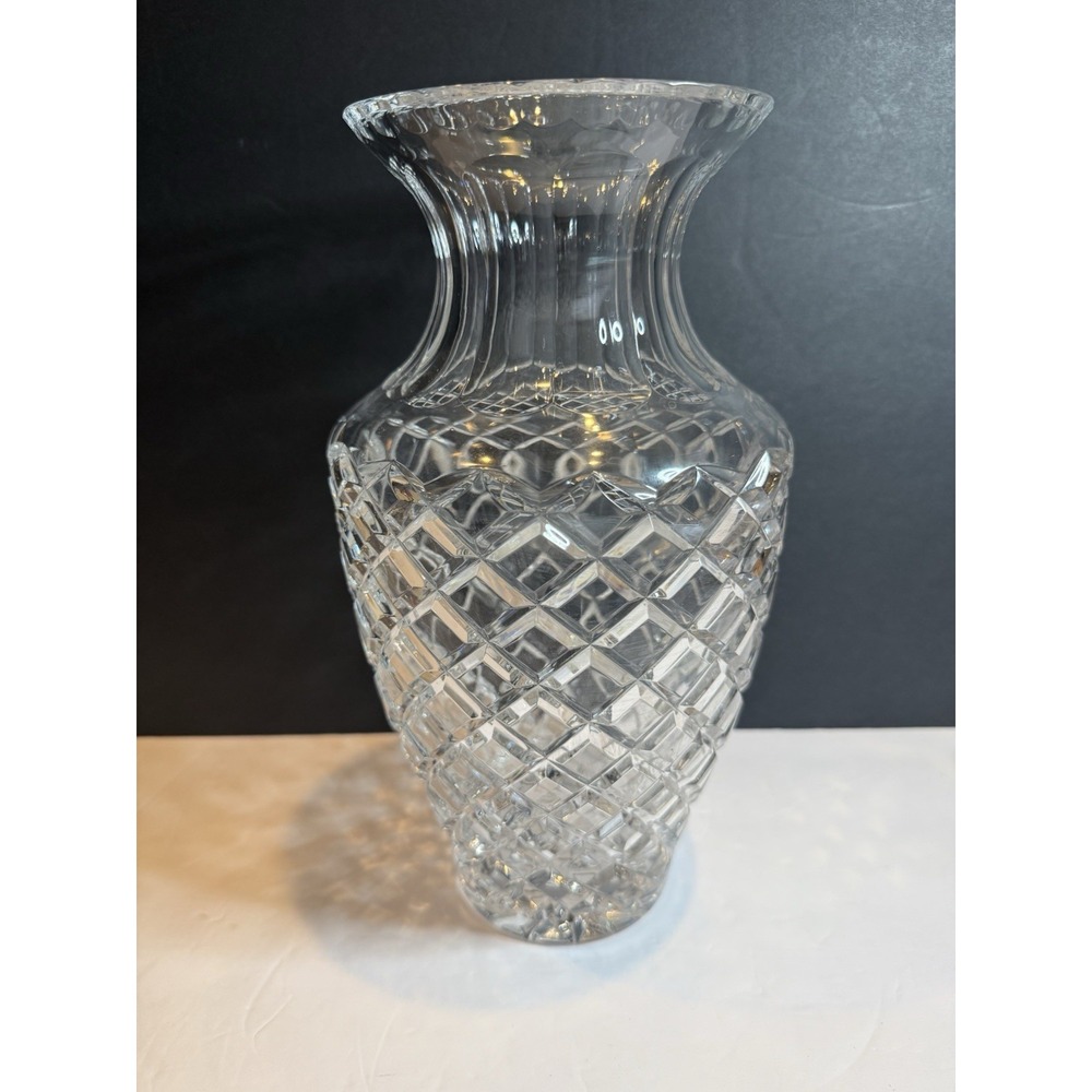 Vintage Cut Crystal Diamond Lattice Vase 10.5" Heavy Clear Glass European